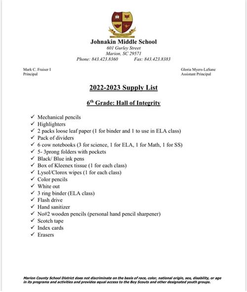 6th grade Supply List