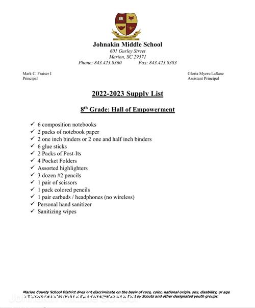 8th Grade Supply List