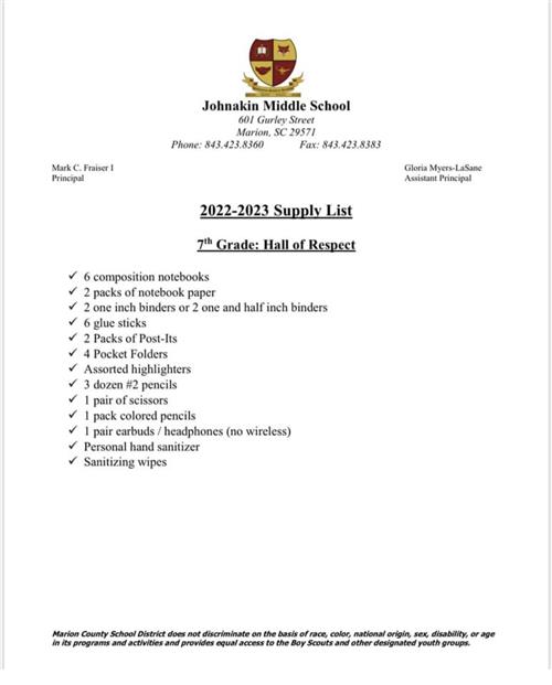 7th grade Supply List